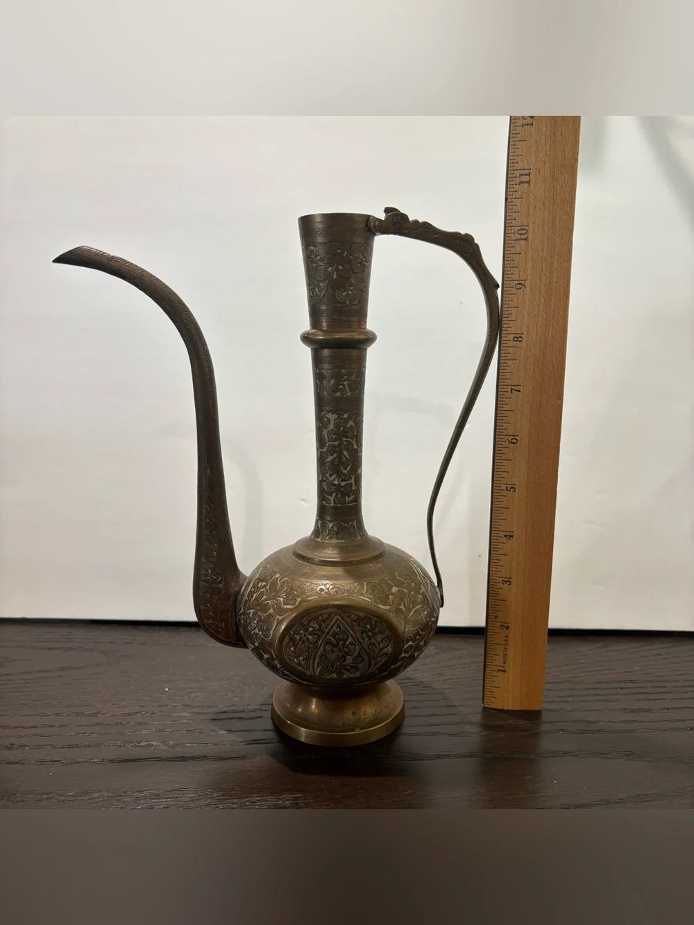 Vintage Indian Solid Brass Ewer Tea/ Water Pot Pitcher Etched Enamel Aftaba